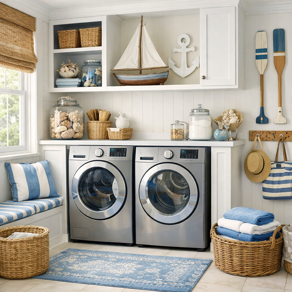 A coastal-inspired laundry room featuring blue accents and nautical decor.
