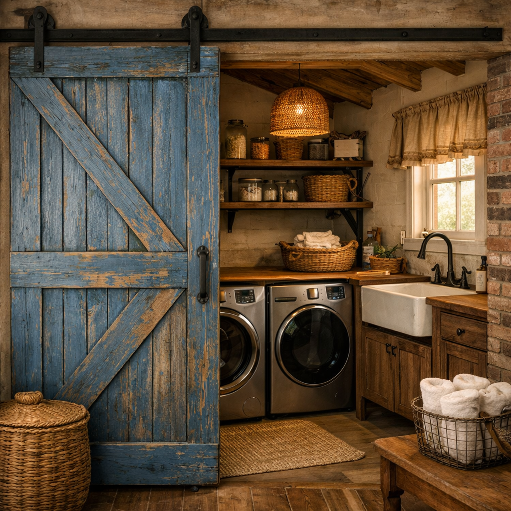 Rustic blue barn door in a laundry room with modern appliances and natural decor.