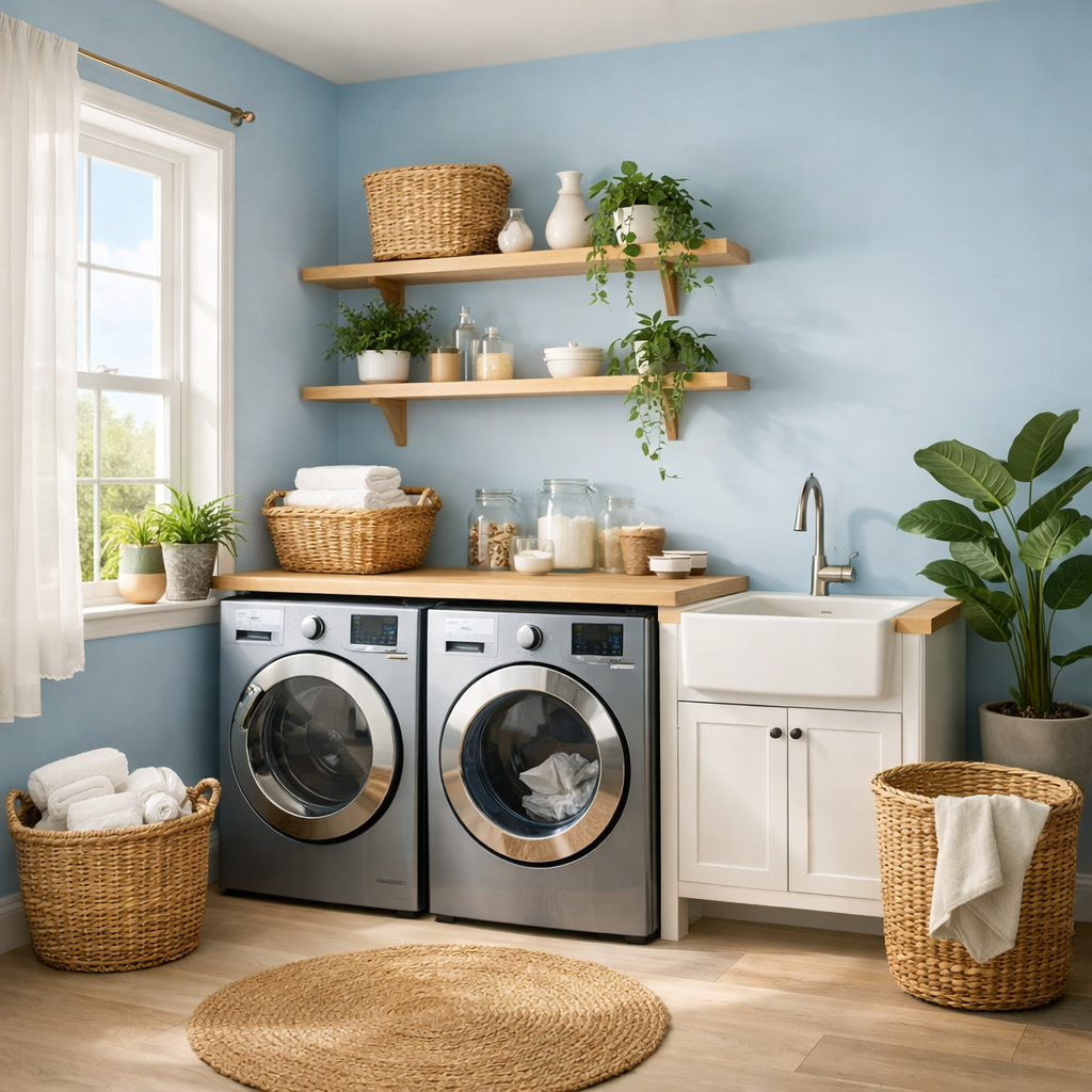 A laundry room with serene sky blue walls, modern appliances, wooden shelves, and natural decor.