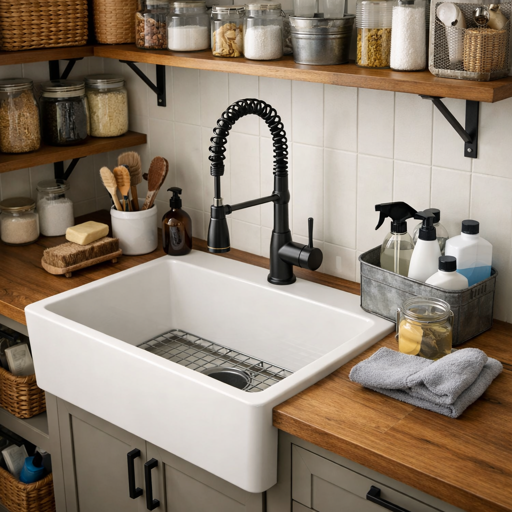 A modern utility sink in a pantry laundry room setup, featuring a black faucet, wooden shelves with jars, and cleaning supplies.