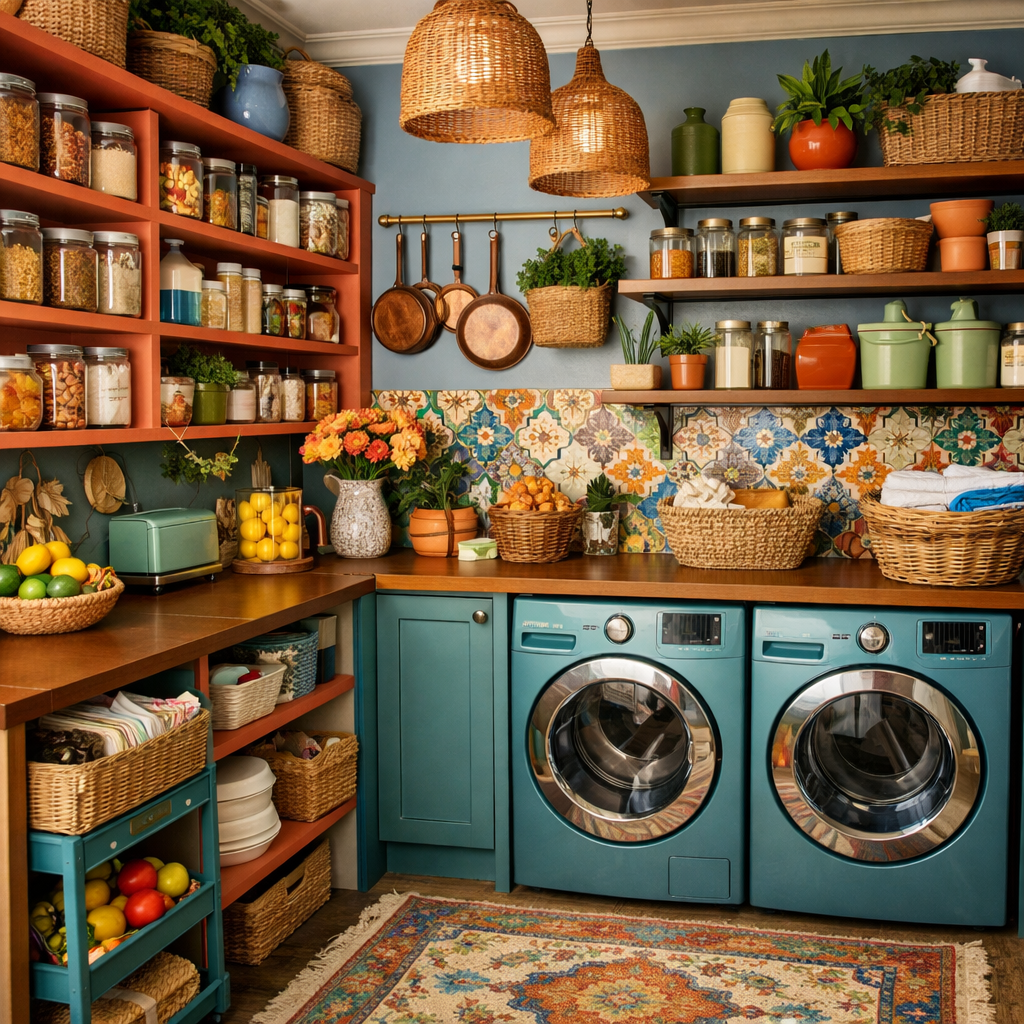 A stylish pantry laundry room combo showcasing teal cabinetry, terracotta accents, and decorative tiles.