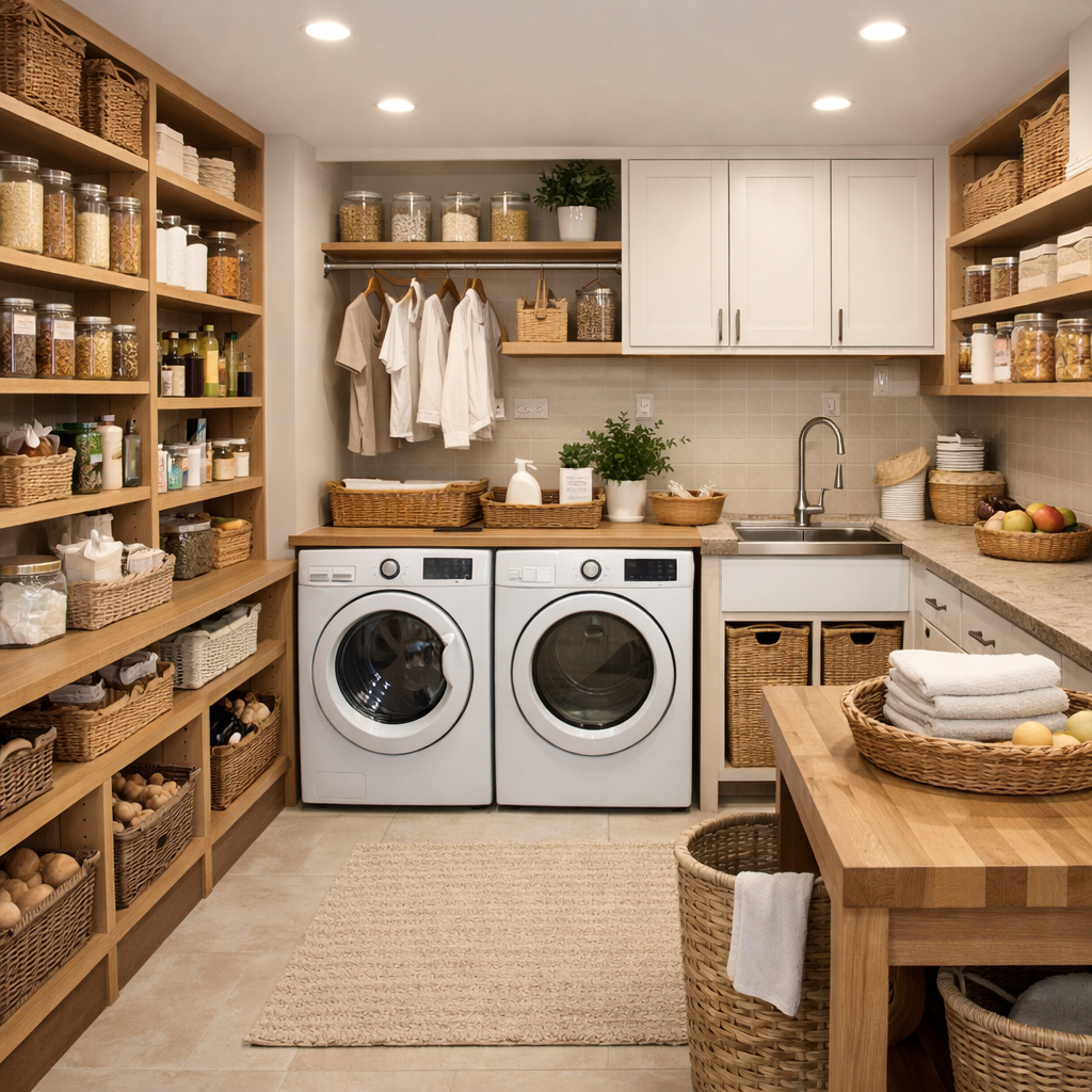 A well-organized pantry and laundry room combo with shelves, baskets, a sink, and washing machines.