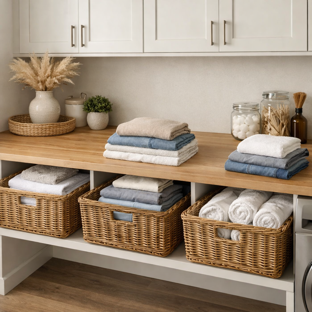 A well-organized laundry room with a wooden folding station and neatly folded towels in stylish baskets.