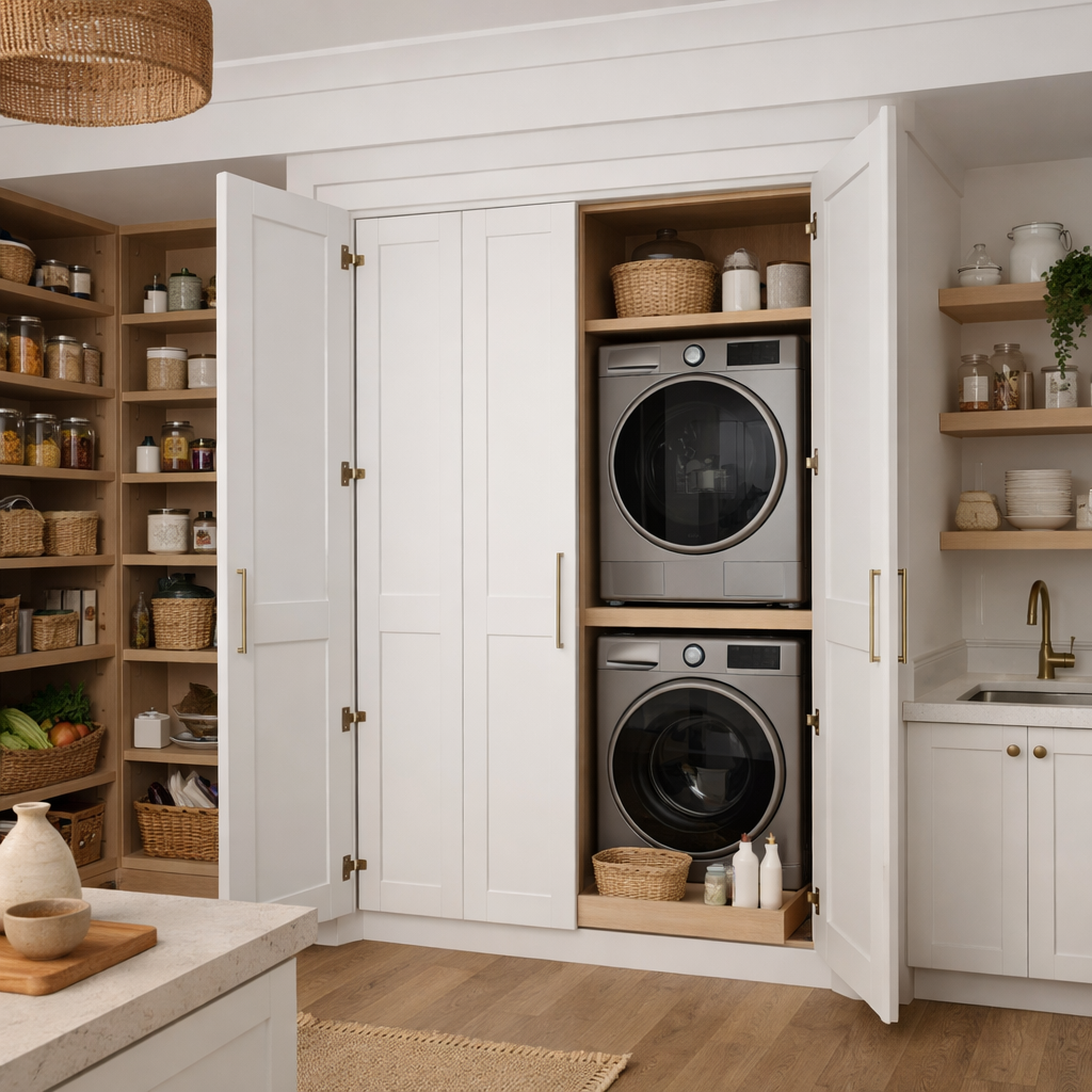 A modern pantry laundry room combo featuring hidden appliances behind cabinet doors.