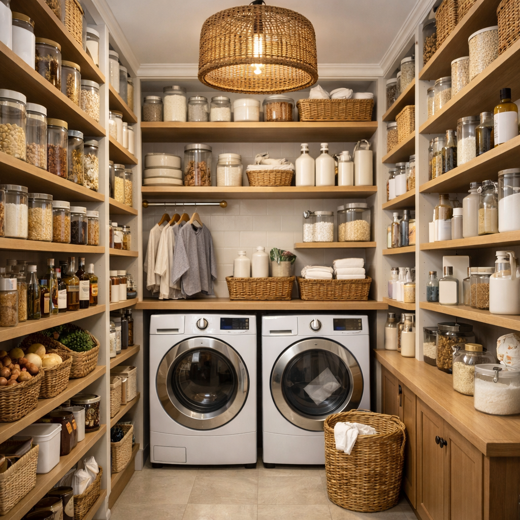 Stylish and organized pantry laundry room with tall shelves and clear containers.