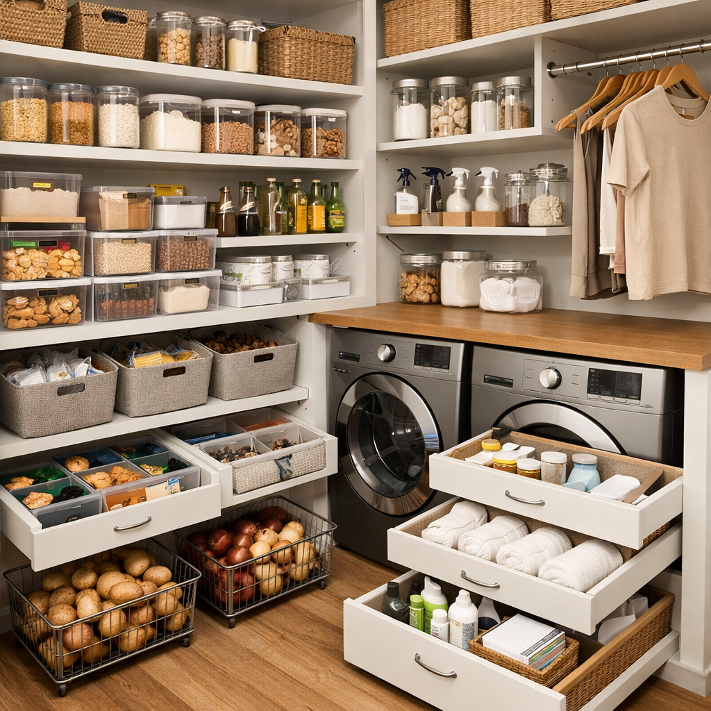 A beautifully organized pantry and laundry room combo featuring neat shelves with jars and bins, a countertop, and laundry appliances.