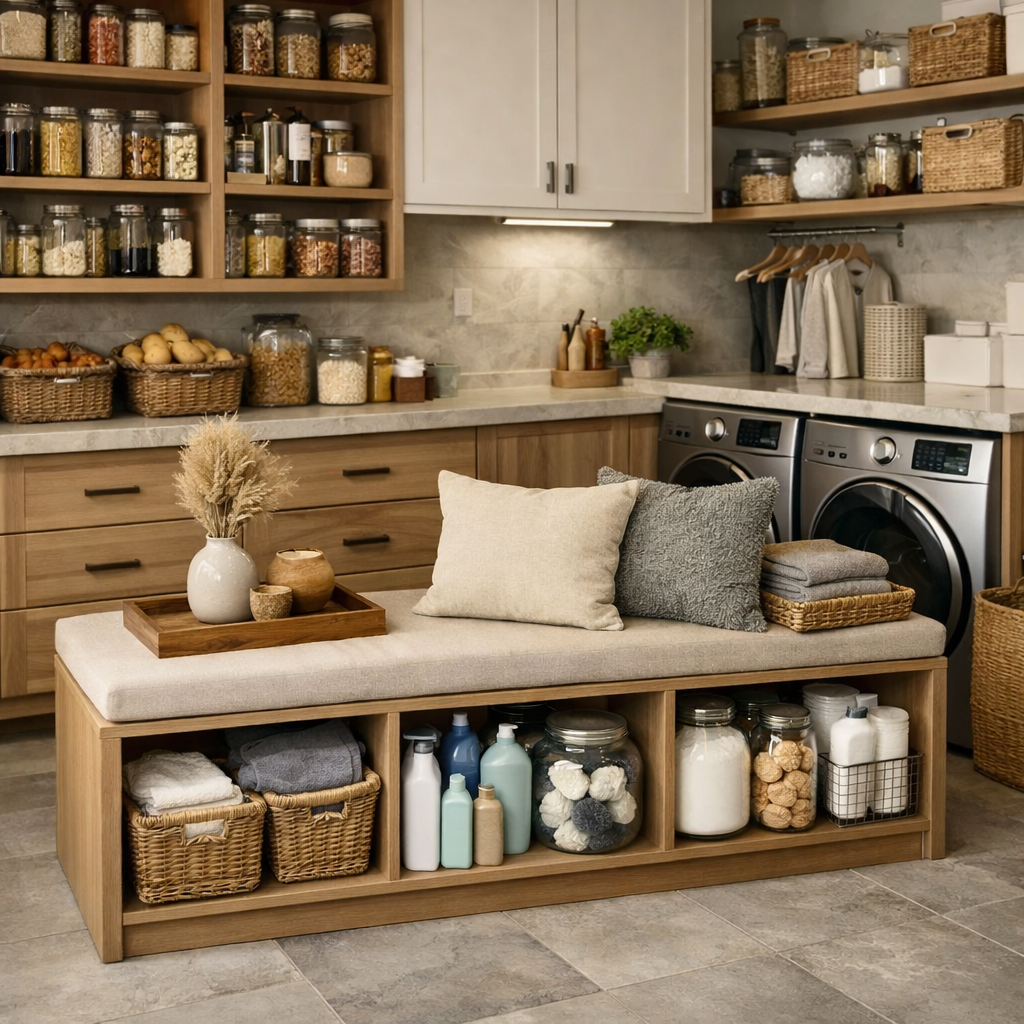 Pantry laundry room combo featuring a multifunctional bench with storage and organized shelves.