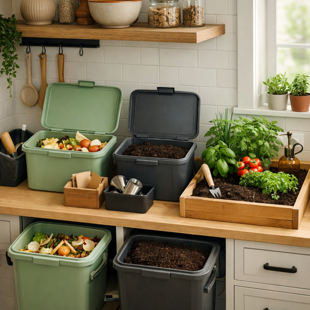 A stylish kitchen composting station with green and gray bins and a small herb garden.