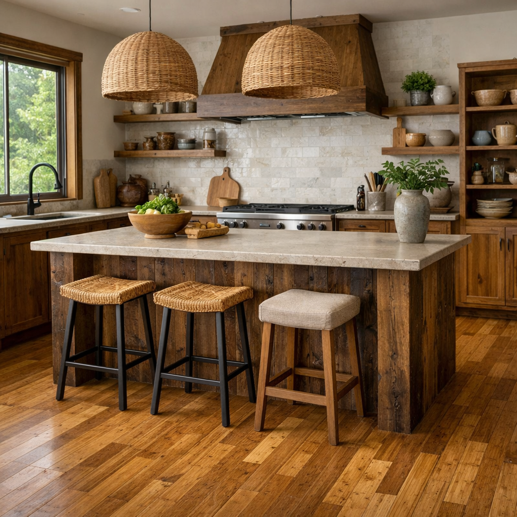 A modern kitchen with wooden flooring, featuring natural elements like plants and a warm color palette.
