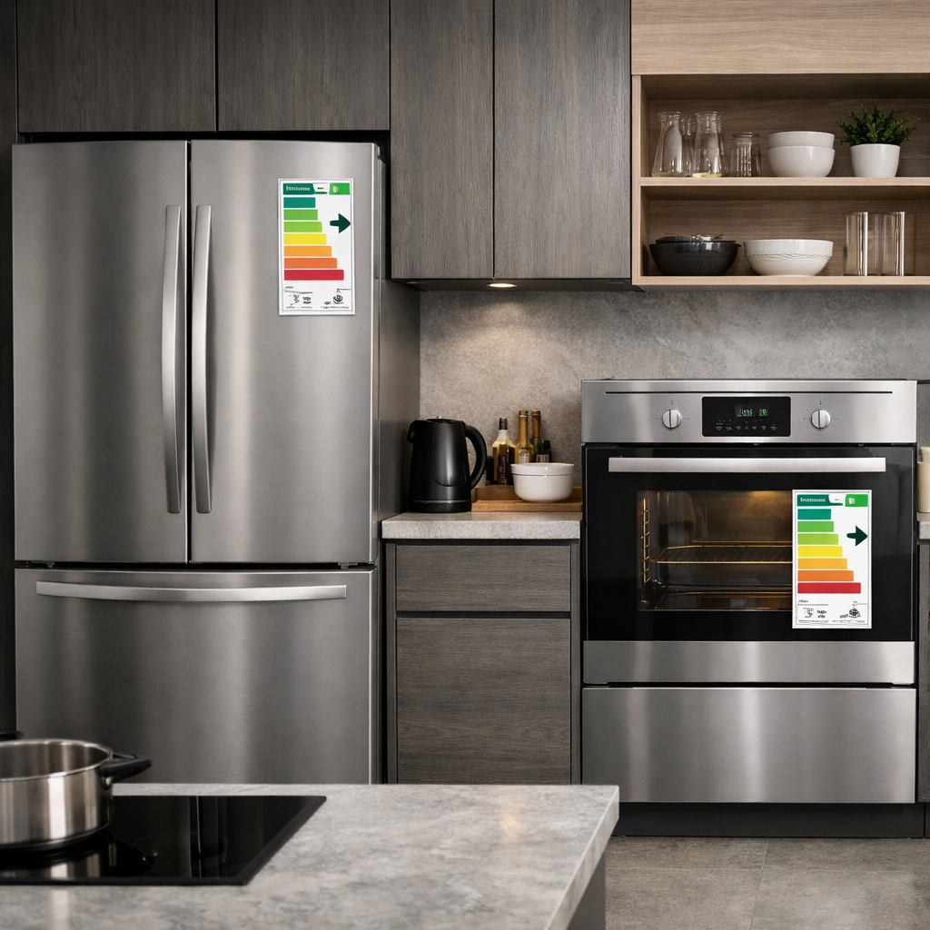 A modern kitchen showcasing energy-efficient appliances with visible energy rating labels.