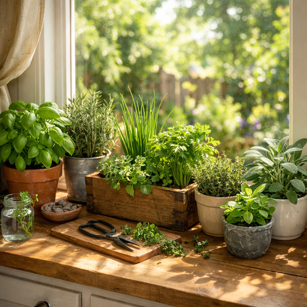 Indoor herb garden with various herbs like basil, parsley, and rosemary in pots on a kitchen windowsill