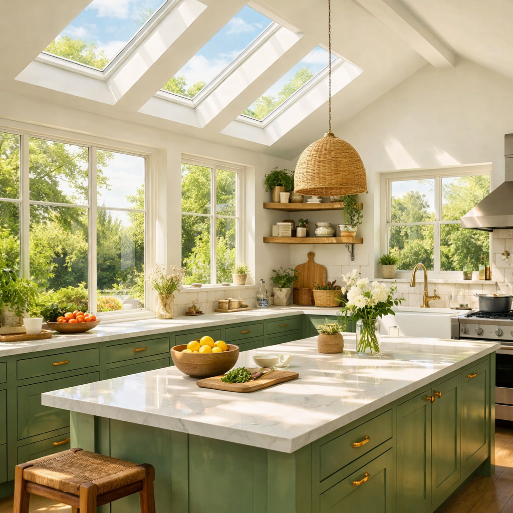 A bright kitchen with green cabinets and large windows, featuring natural lighting from skylights.