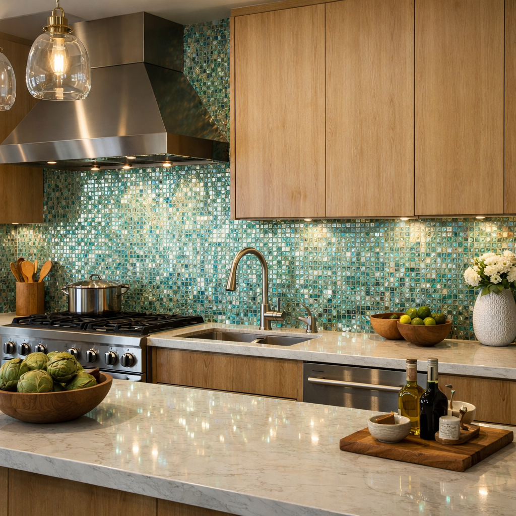 A modern kitchen with a recycled glass backsplash featuring blue and green tiles, wooden cabinets, and stylish kitchenware.