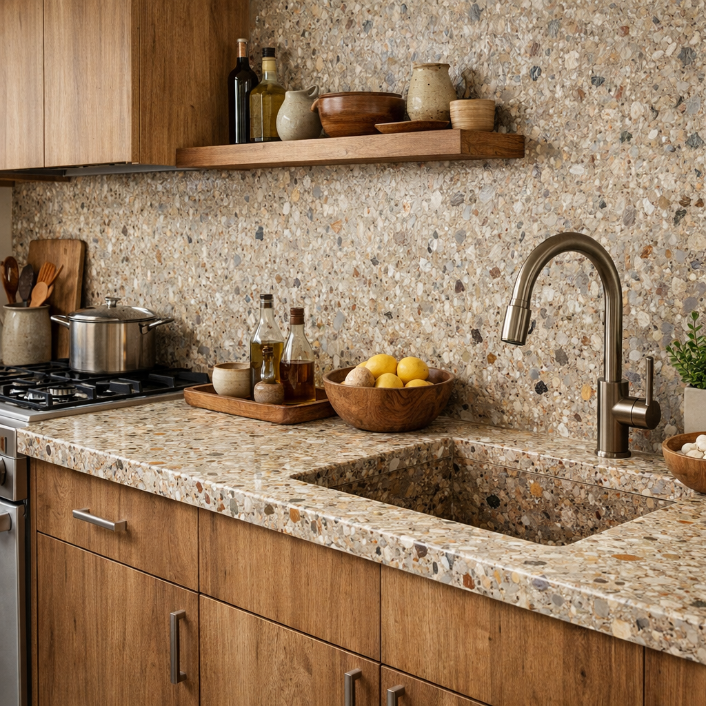 A stylish green kitchen featuring sustainable materials with a terrazzo counter and wooden cabinetry.