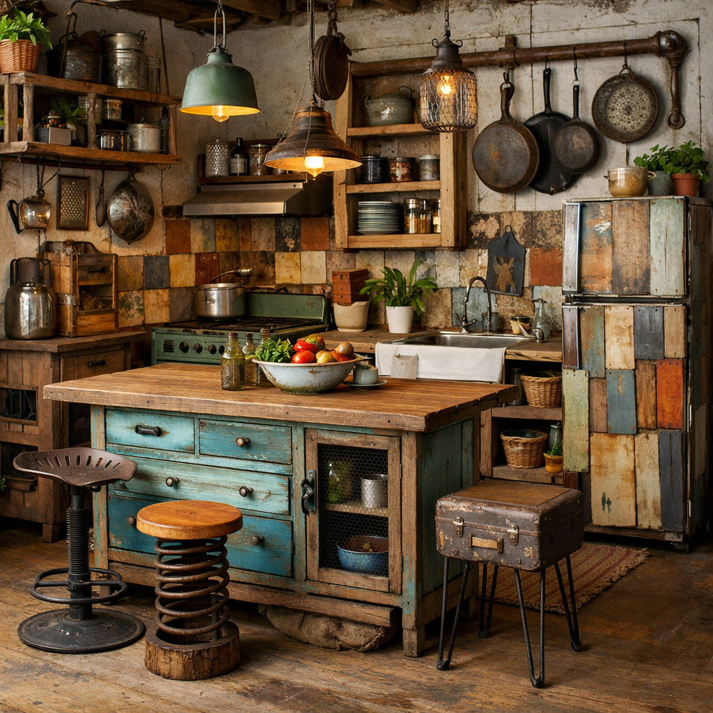 A cozy kitchen featuring upcycled furniture, with a rustic island, colorful tiles, and plants.