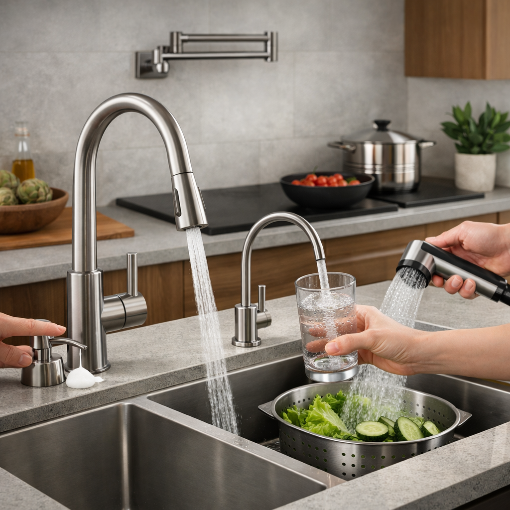 Modern kitchen faucet with water-saving features, showcasing efficient water usage for cooking and cleaning.