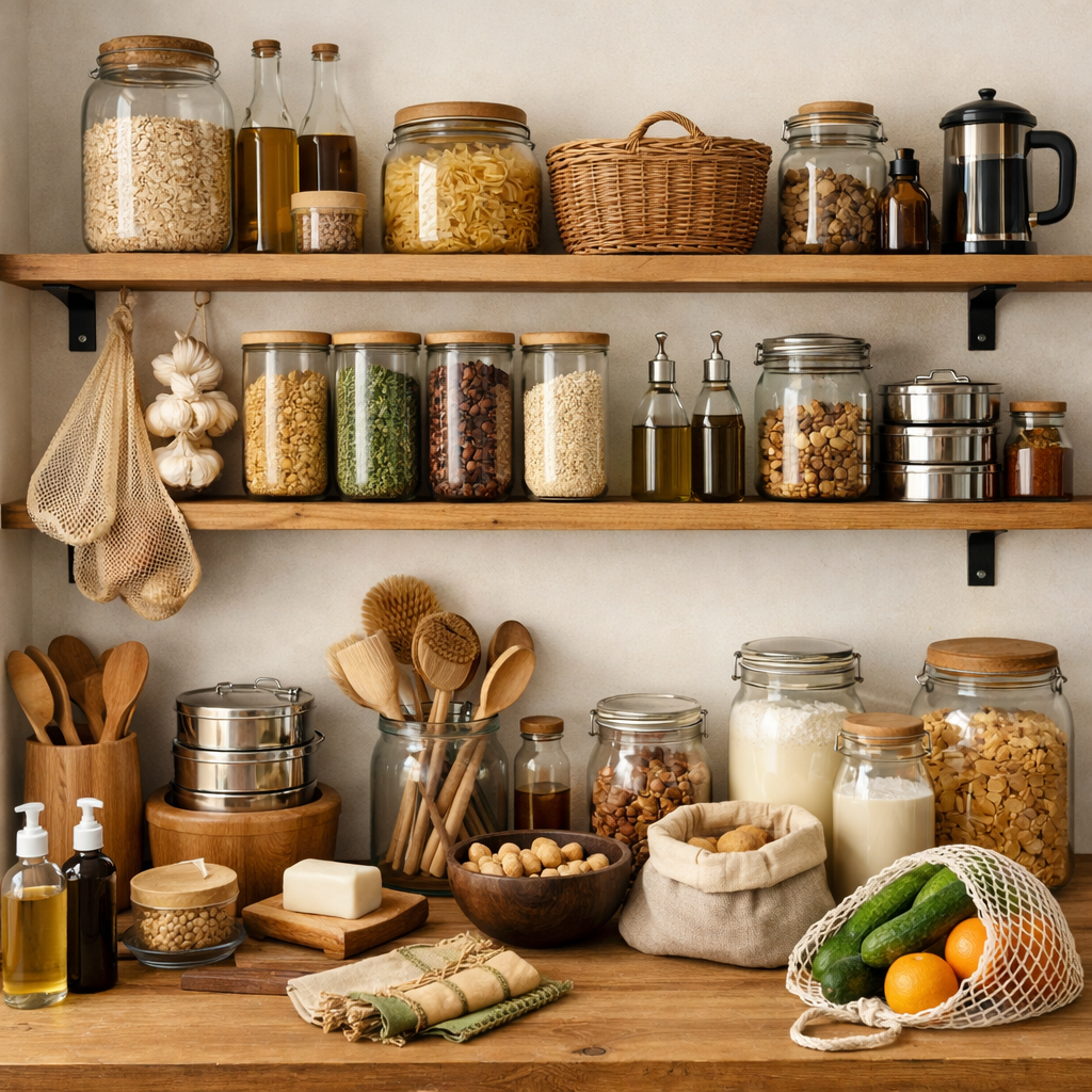 A well-organized kitchen shelf with jars of grains, nuts, and oils, showcasing zero-waste storage solutions.