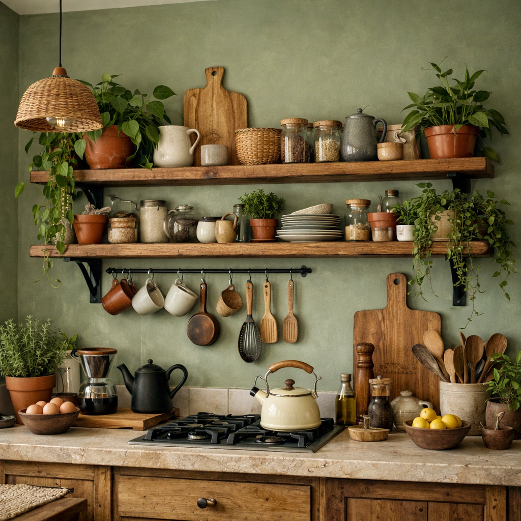 A kitchen featuring sage green walls with natural wood shelves and accents, showcasing plants and kitchenware.