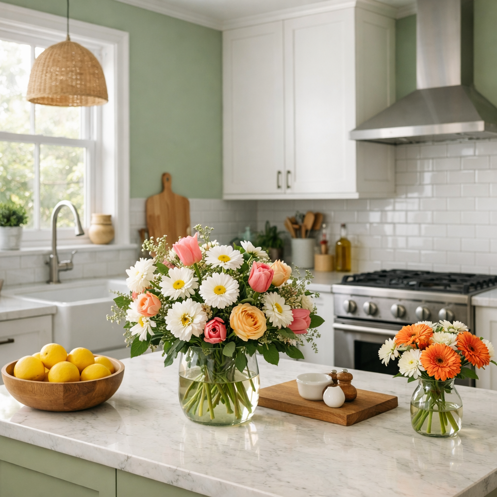 Image of a sage green kitchen featuring white cabinetry and colorful flower arrangements.
