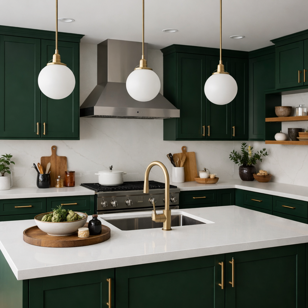 A modern kitchen with bold dark green cabinets, light countertops, and stylish pendant lighting