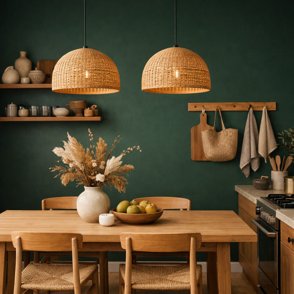 A dark green kitchen with rattan light fixtures and wooden furniture.
