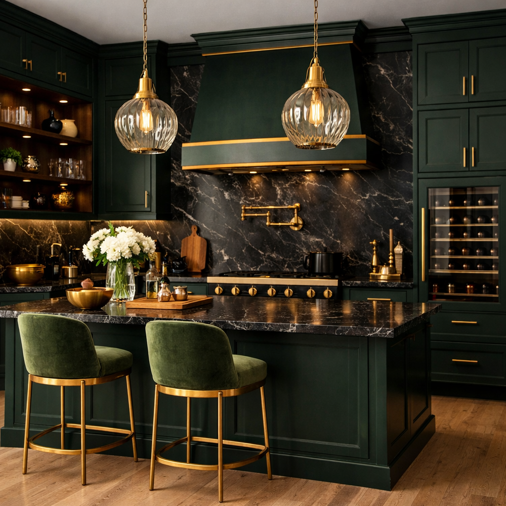 Stylish dark green kitchen with gold accents, marble countertops, and elegant barstools.