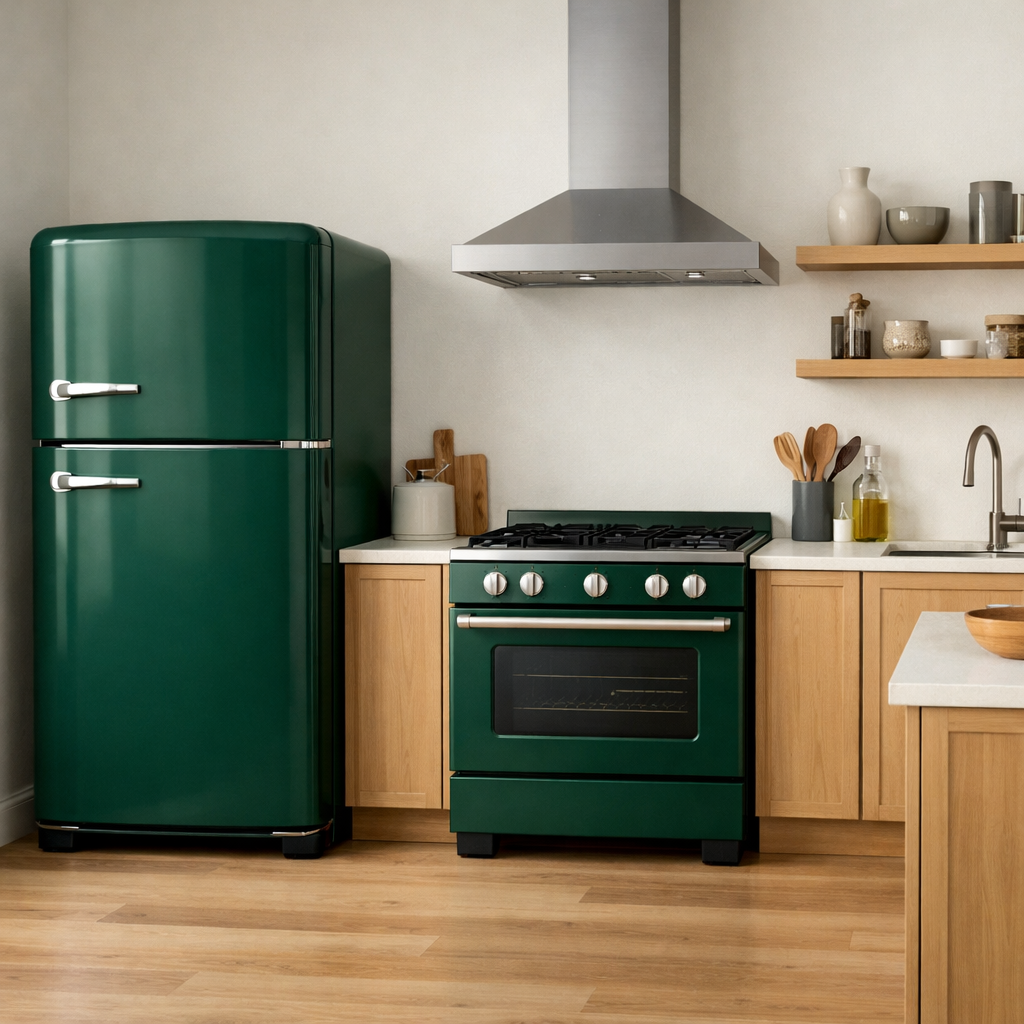 A dark green kitchen featuring a refrigerator and stove with wooden cabinets.