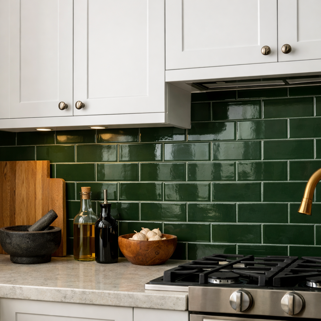 A sleek kitchen with dark green backsplash tiles, white cabinets, and a modern faucet