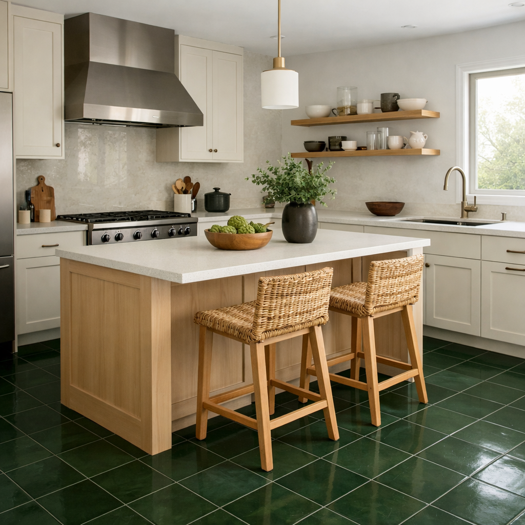 A modern kitchen with dark green tile flooring, light cabinetry, and natural wood elements.