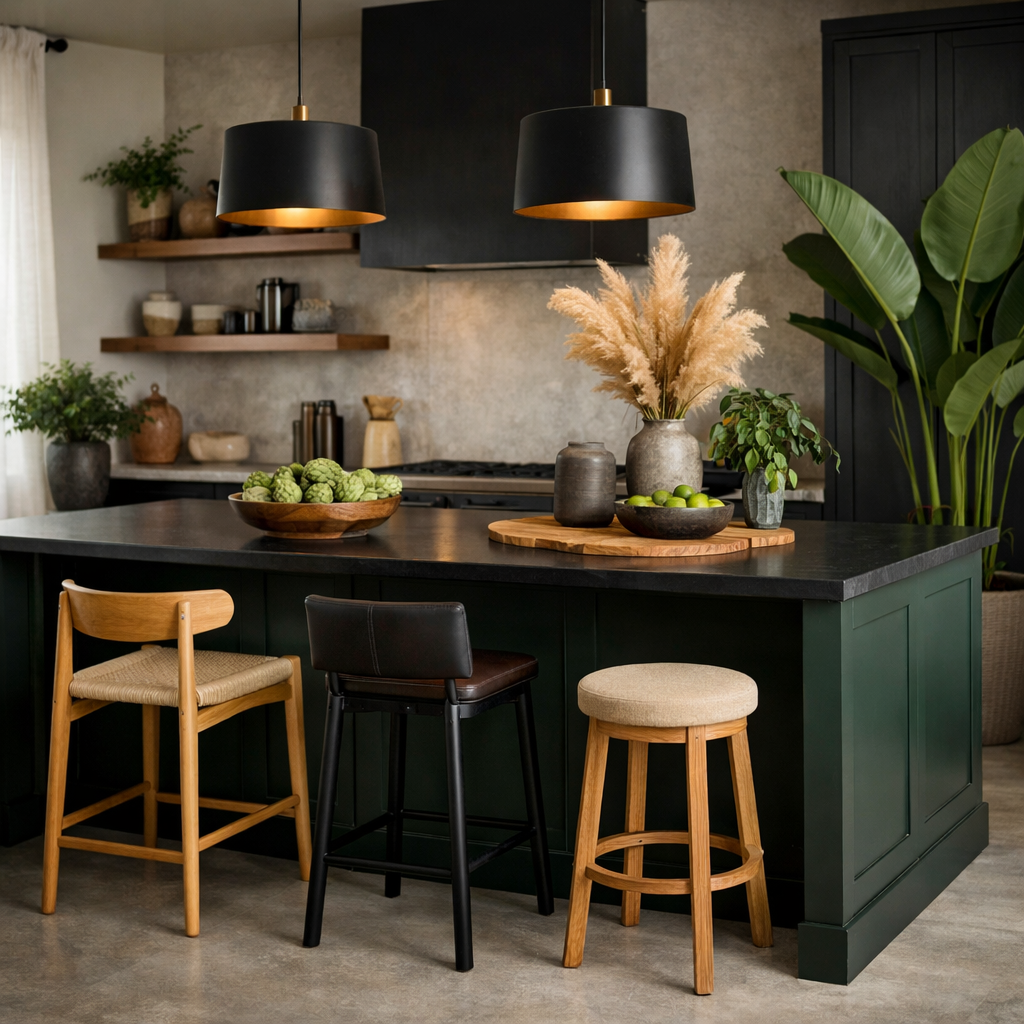 A beautiful dark green kitchen island with a black countertop, surrounded by various stools and decorative plants.