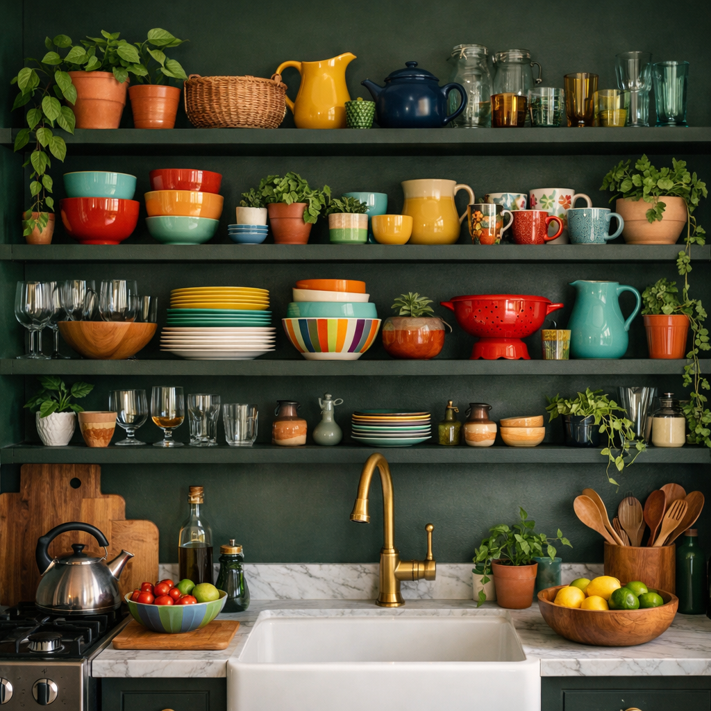 Colorful dishes and plants on dark green open shelves in a kitchen