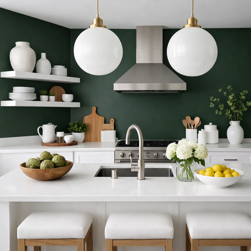 A modern kitchen featuring dark green walls and bright white accents, showcasing elegant lighting and decor.