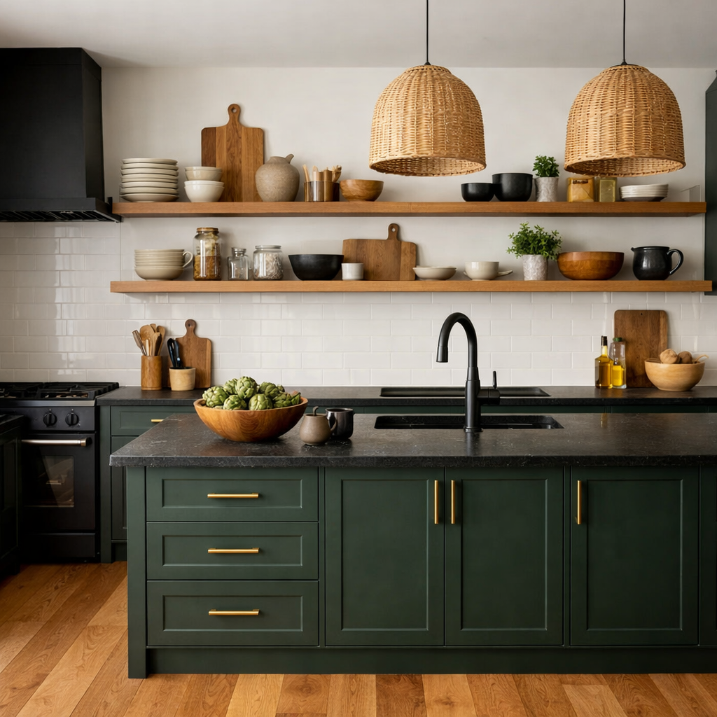 A stylish kitchen featuring dark green cabinets, natural wood shelves, and earthy decor elements.
