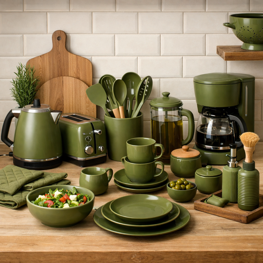 Olive green kitchen accessories including a kettle, coffee maker, plates, and utensils arranged on a wooden countertop.