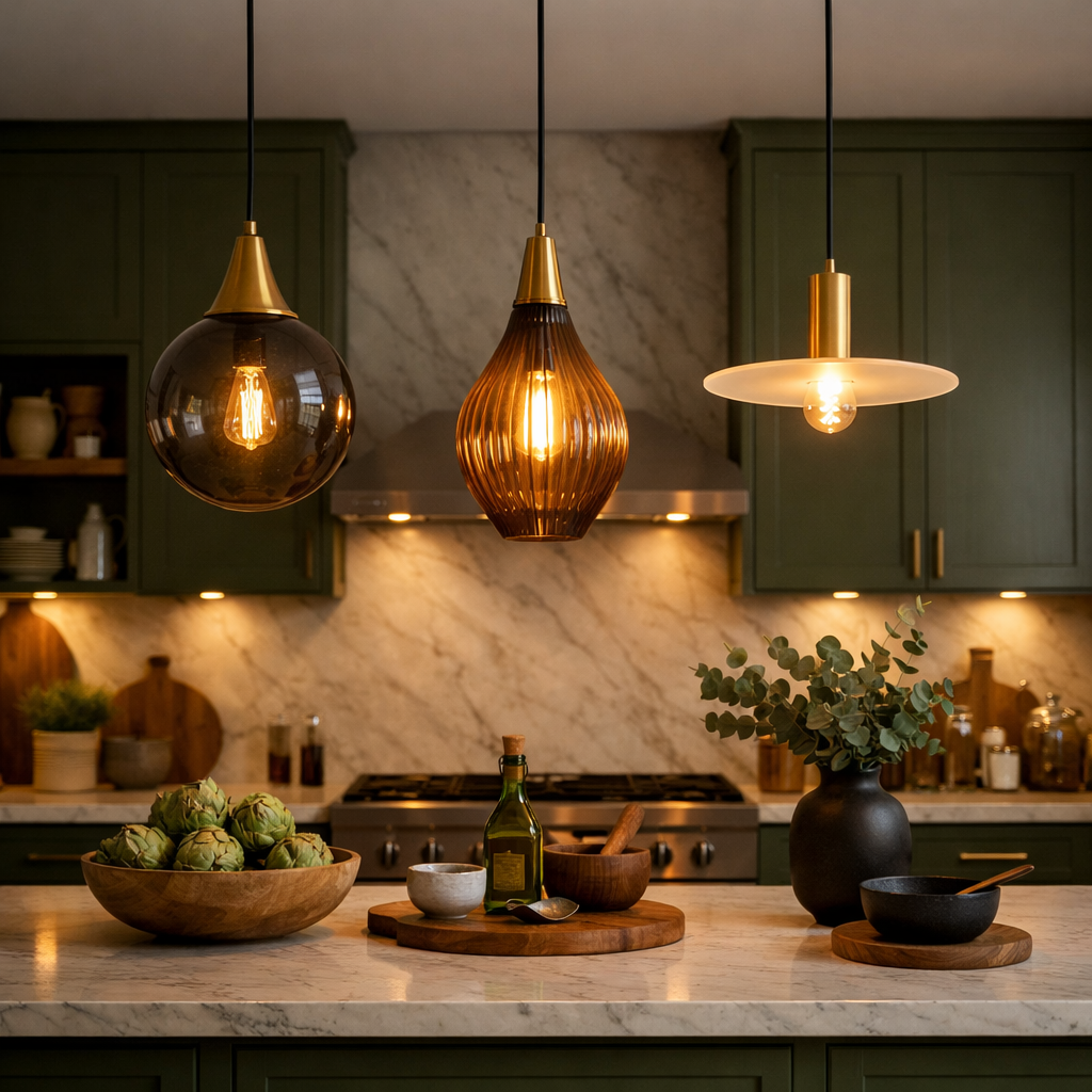 A beautifully lit olive green kitchen featuring various pendant lights.
