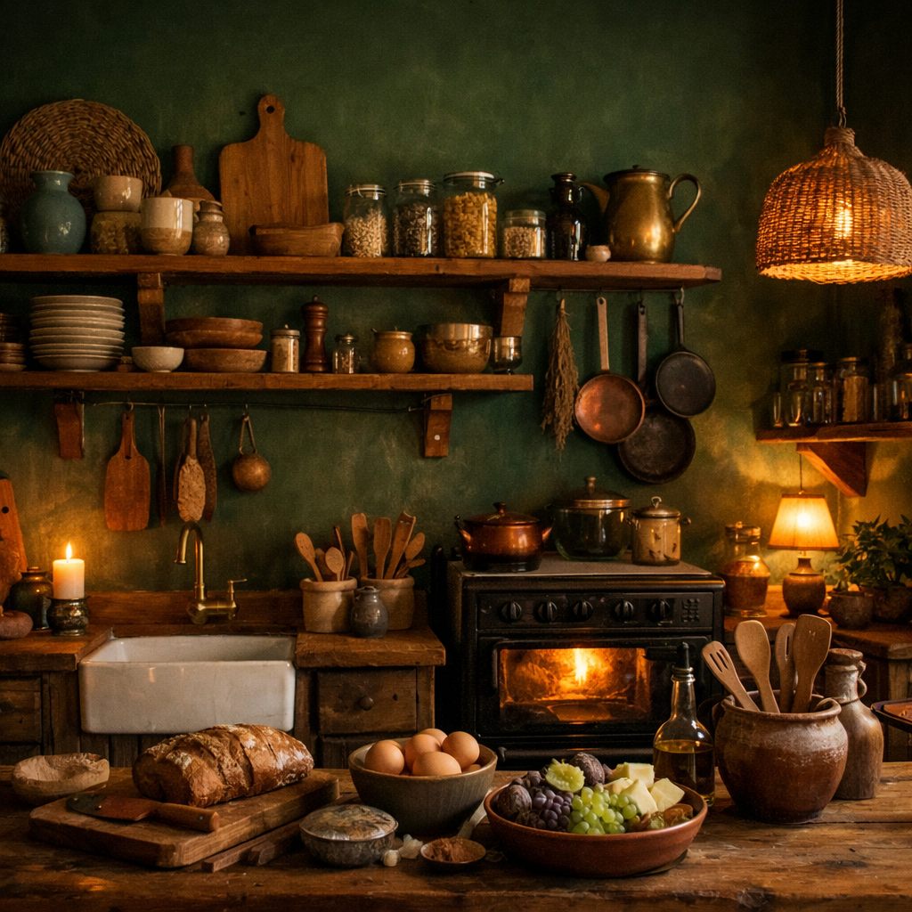 A cozy kitchen with deep forest green walls, wooden shelves filled with jars, bowls of fruits, and a candle, creating a warm atmosphere.