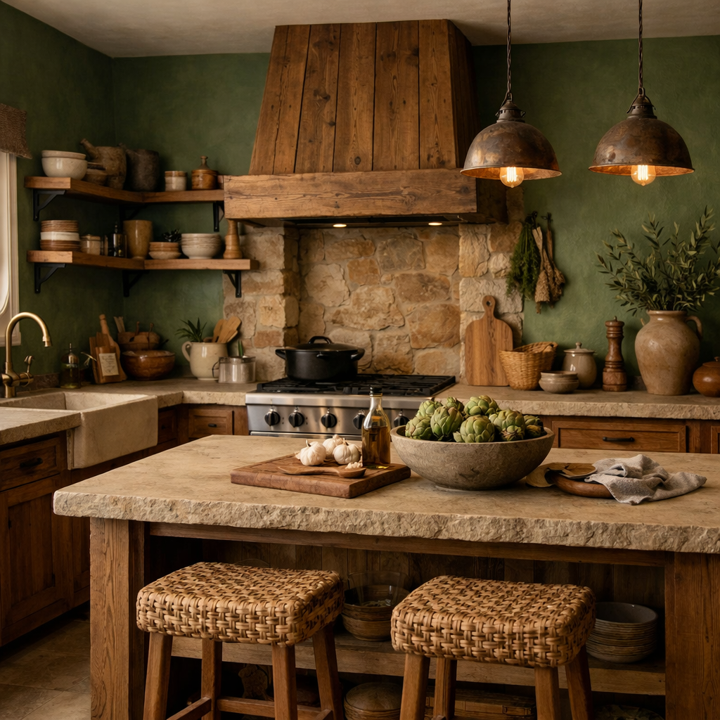 Cozy kitchen with earthy green walls, wooden elements, and natural decor