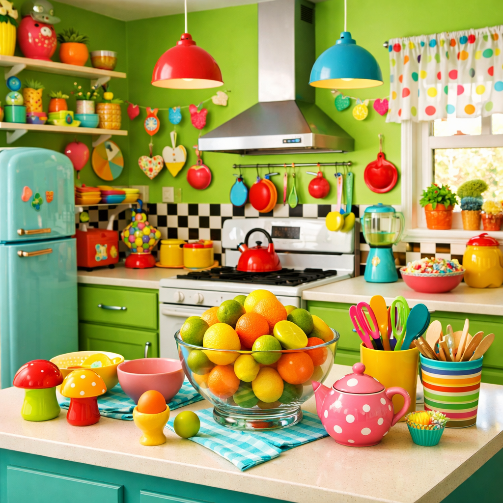 Colorful kitchen with lime green walls, red and blue pendant lights, and vibrant decor