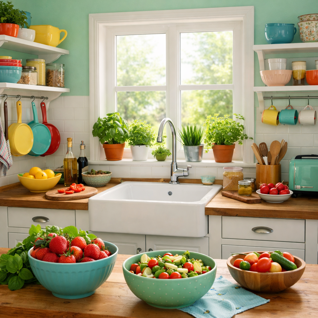 An inviting mint green kitchen with a farmhouse sink, wooden countertops, colorful dishware, and fresh produce.