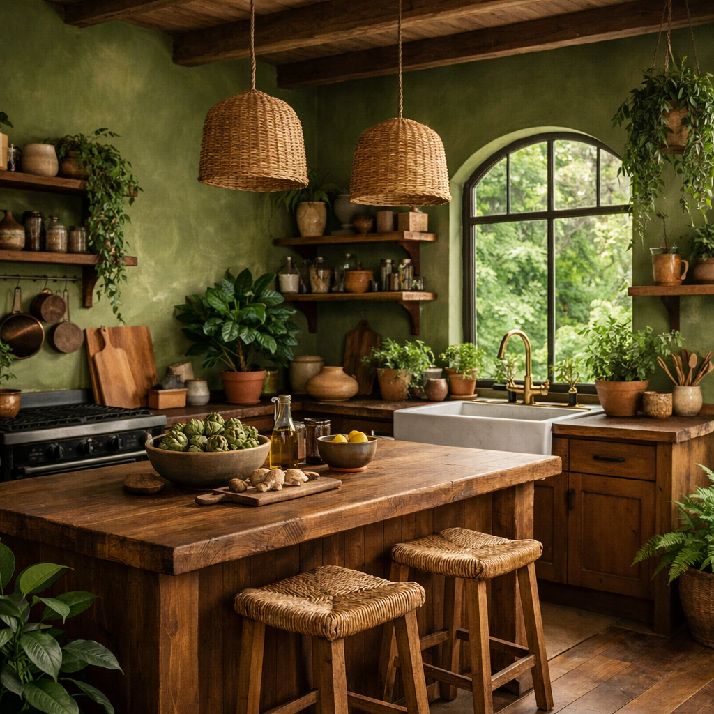 Cozy kitchen with moss green walls, wooden island, and fresh ingredients, surrounded by plants.