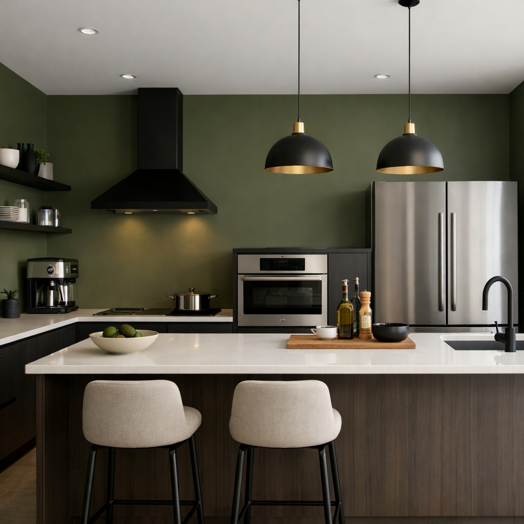 Modern kitchen with olive green walls and contemporary fixtures