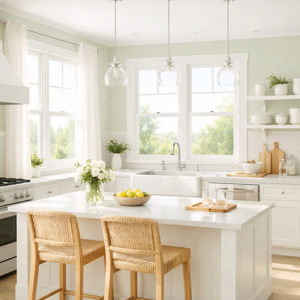 A bright and airy kitchen with pale green walls, white cabinetry, and a sunlit atmosphere.