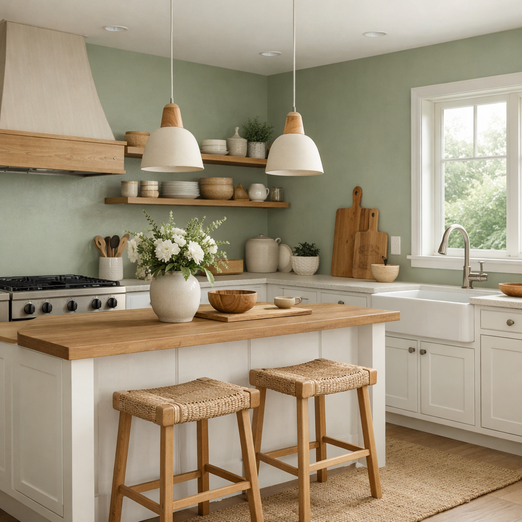 A kitchen with sage green walls, wooden accents, and a cozy decor.