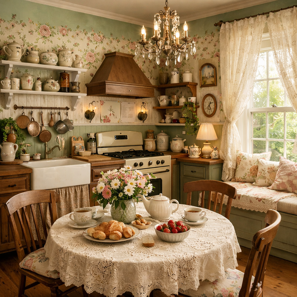 A cozy kitchen with soft green walls, floral patterns, wooden furniture, and a table set with snacks.