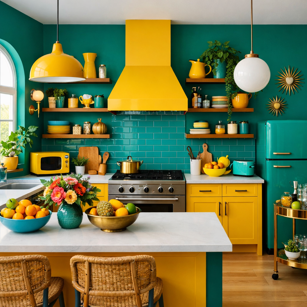 A vibrant kitchen featuring teal green walls, yellow accents, and plenty of plants and colorful decor.