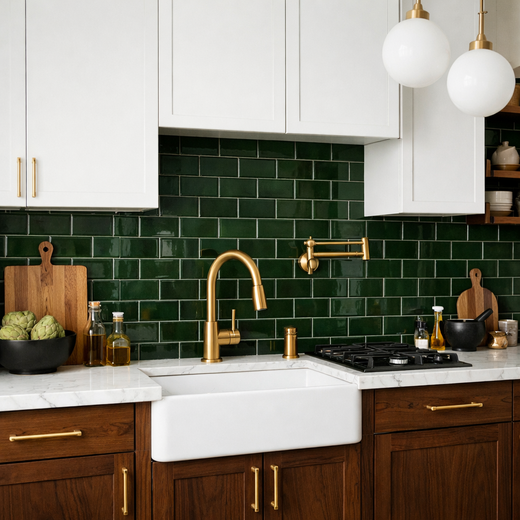 A kitchen with dark forest green tiles as a backsplash, combined with white cabinets and gold fixtures.