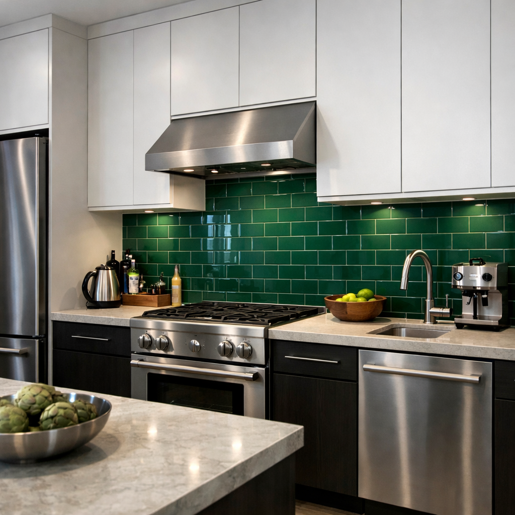 A modern kitchen featuring emerald subway tiles as a backsplash, with stainless steel appliances and dark cabinetry.