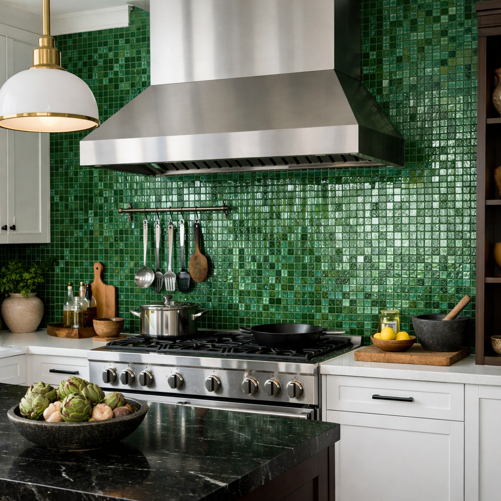 A modern kitchen featuring a glossy green mosaic tile backsplash, stainless steel appliances, and dark countertops.