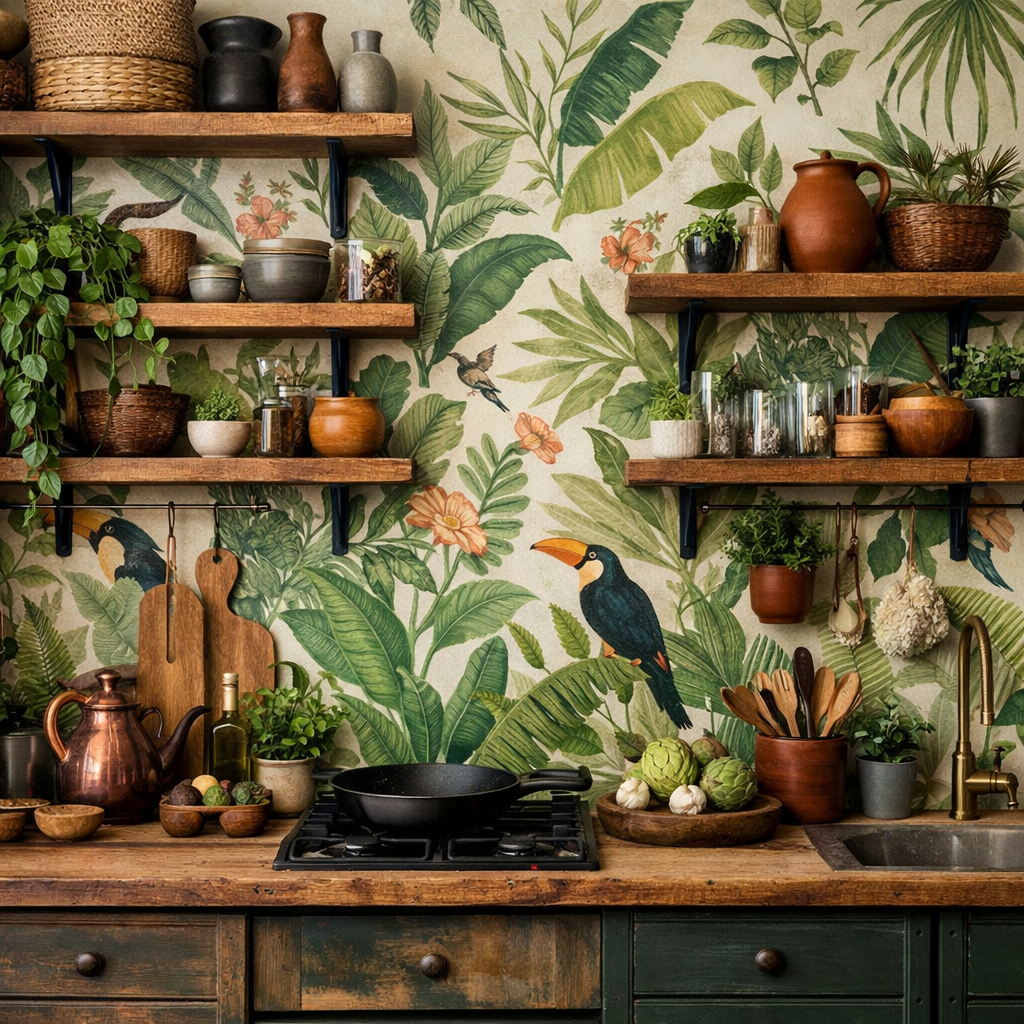 A cozy kitchen featuring lush botanical wallpaper, wooden shelves, and earthy decor.