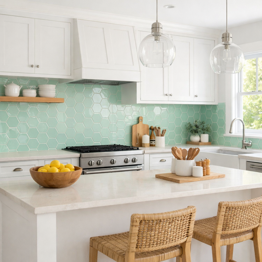 A kitchen featuring mint green hexagonal tiles as the backsplash, with white cabinets and natural wood accents.